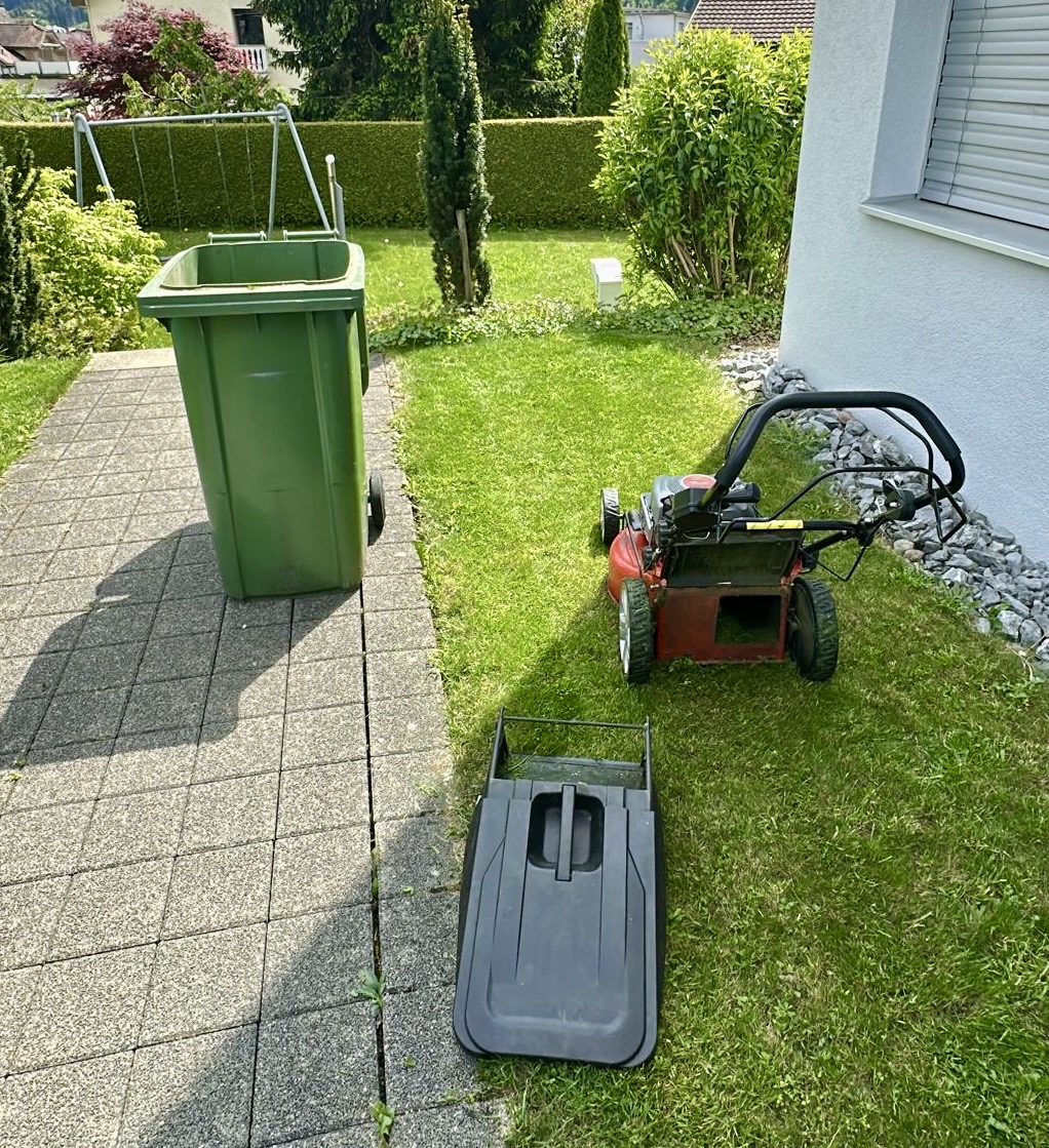 Hauswartungsdienst von Dalex Immo in Bronschhofen – Gartenpflege mit Rasenmäher und Laubbläser vor einem Einfamilienhaus